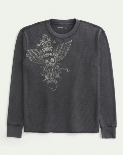 Áo Thermal Hollister Skull Cánh Màu Xám Đen Washed