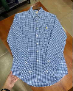 Sơ Mi Ralph Lauren Tay Dài Gingham Xanh Nhí Logo Vàng Poplin