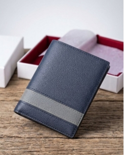 Ví Nam Da Bò Thật Vân Saffiano - Xanh Đen Phối Xám