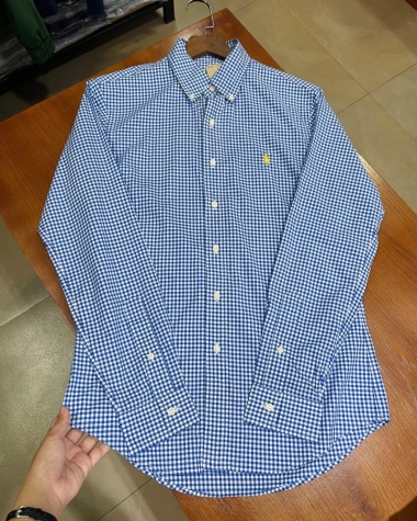 Sơ Mi Ralph Lauren Tay Dài Gingham Xanh Nhí Logo Vàng Poplin