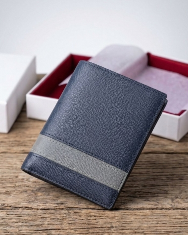 Ví Nam Da Bò Thật Vân Saffiano - Xanh Đen Phối Xám